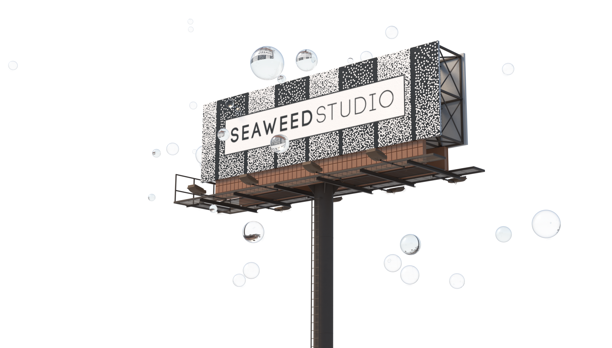 3d rendered billboard with seaweed studio logo and 3d bubbles floating around