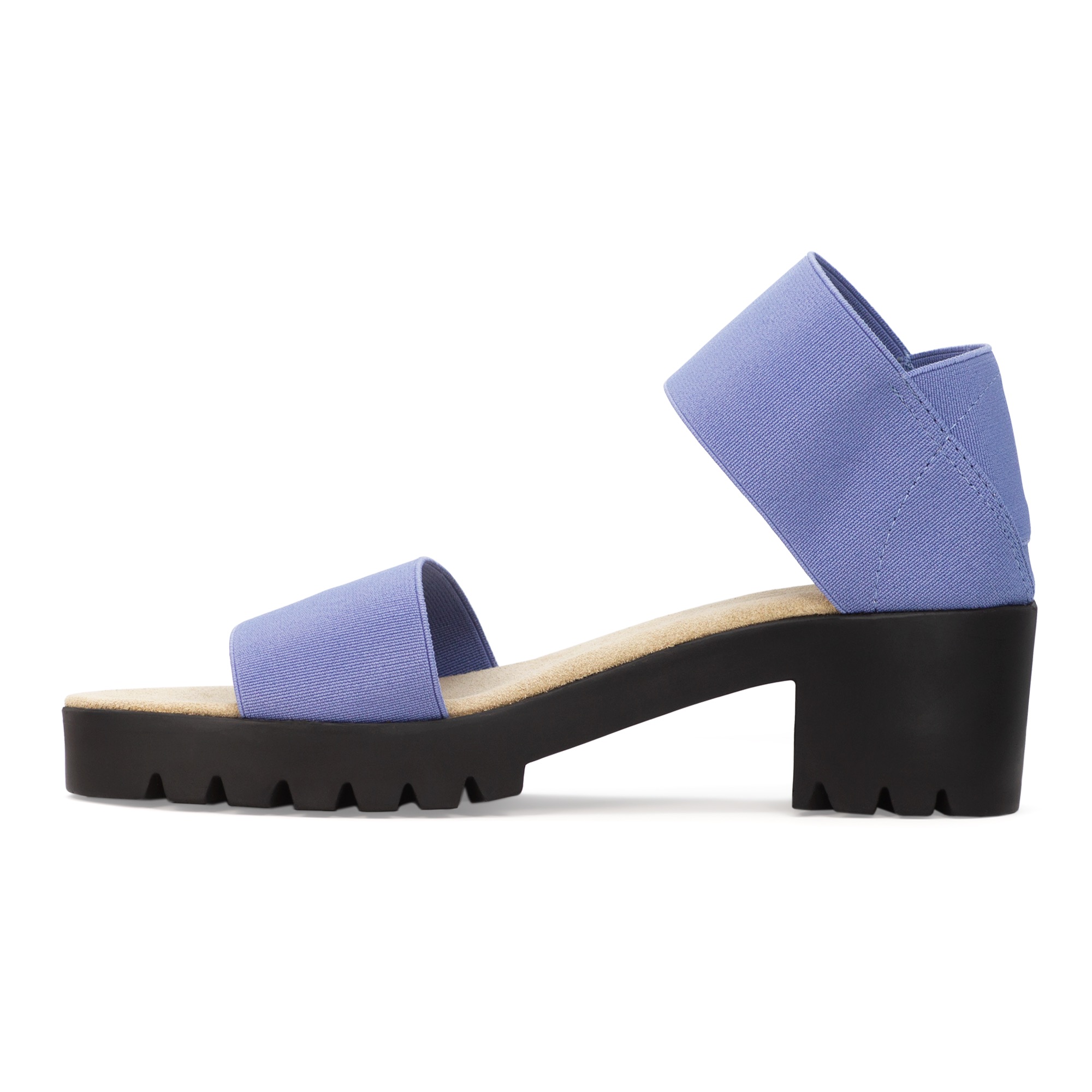 Side angle of a periwinkle heeled sandal
