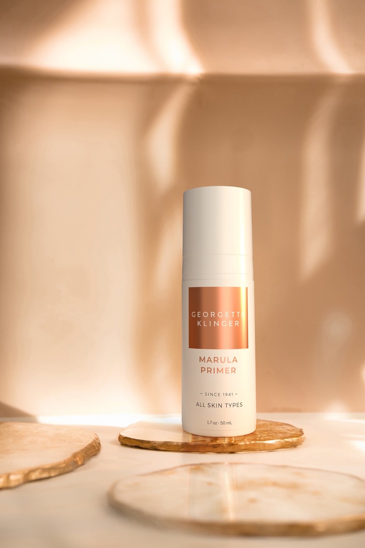 3D rendered women's skincare product bottle standing on pink crystal slabs with a light pink background.