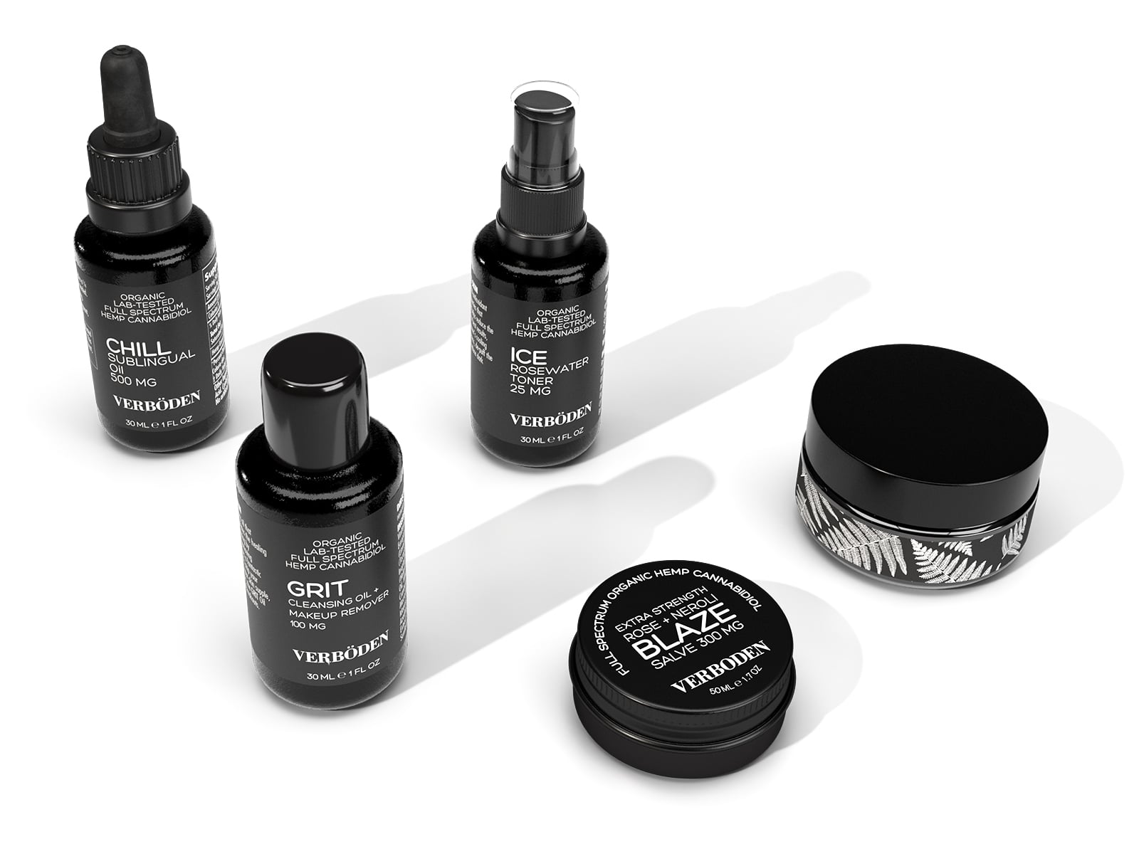 3D rendered product photo group collection shot of black cosmetic bottles on a white background and dramatic shadows.