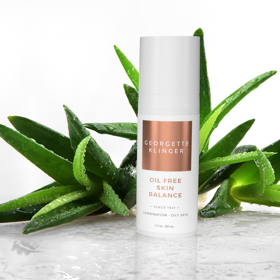 Dewy cosmetics bottle rendered in front of aloe plants