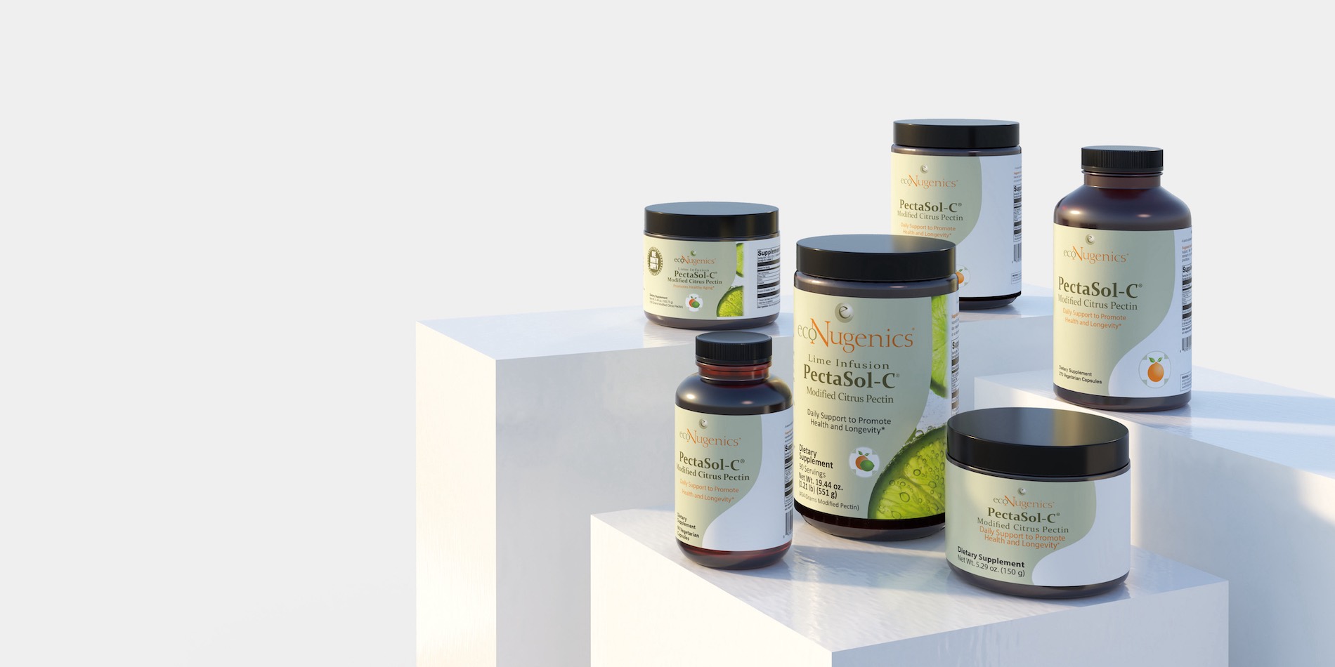 A 3D rendered product collection shot of health and wellness bottles standing on cubic podiums.