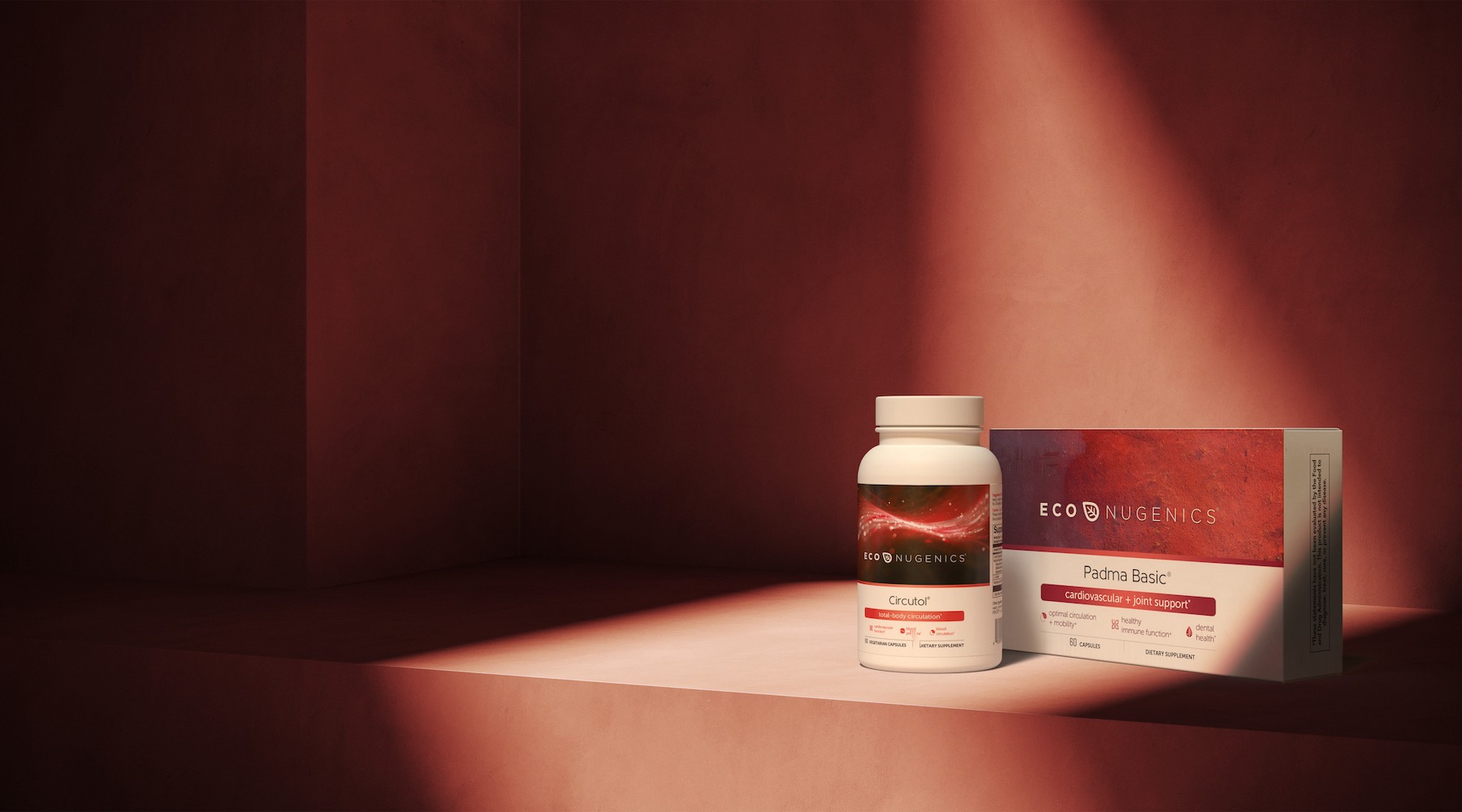 A 3D rendered product bottle next to a brand packaging box in the corner of a red wall with geometric shadows.