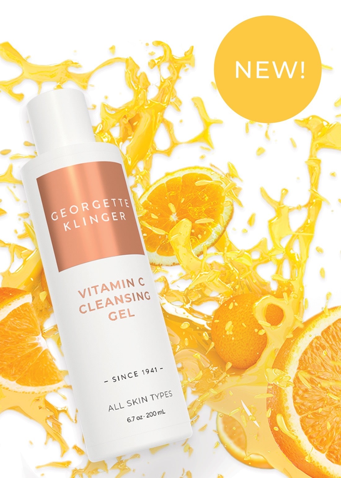A Vitamin C Orange splash graphic for Georgette Klinger, with 3D rendered bottle and photoshopped oranges/splash
