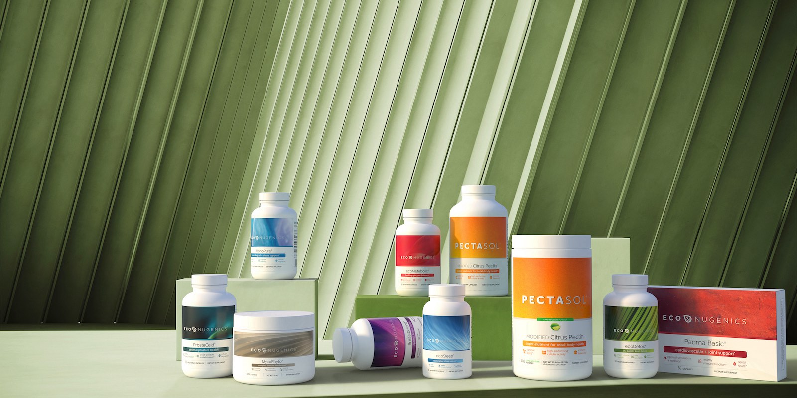 A 3D rendered full group collection image with a striped green textured background.