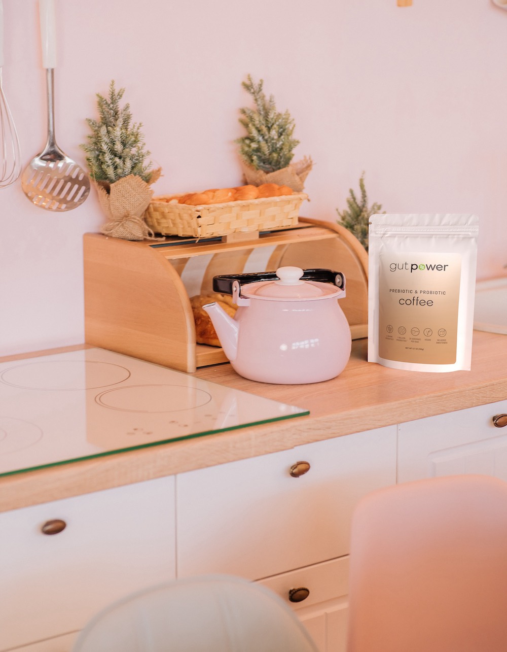Gut Power Probiotic Supplement 3D Rendered into Kitchen Scene
