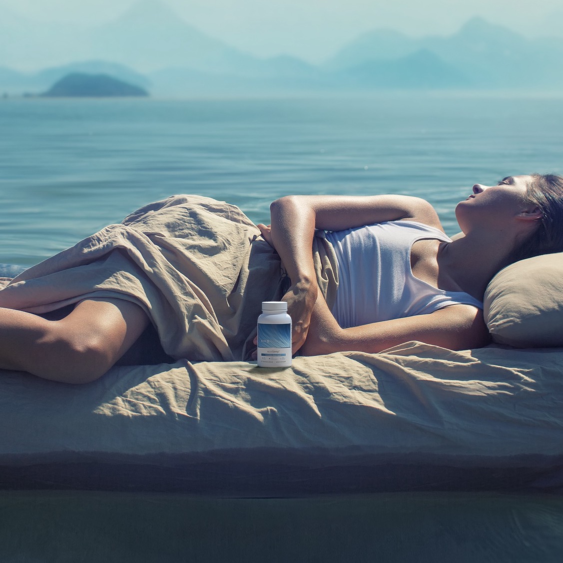 A health supplement bottle rendered into a stock image with a woman, with matching lighting, coloring and shadows.