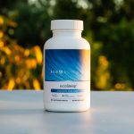 Supplement bottle photo taken outside with golden hour lighting and shadows.