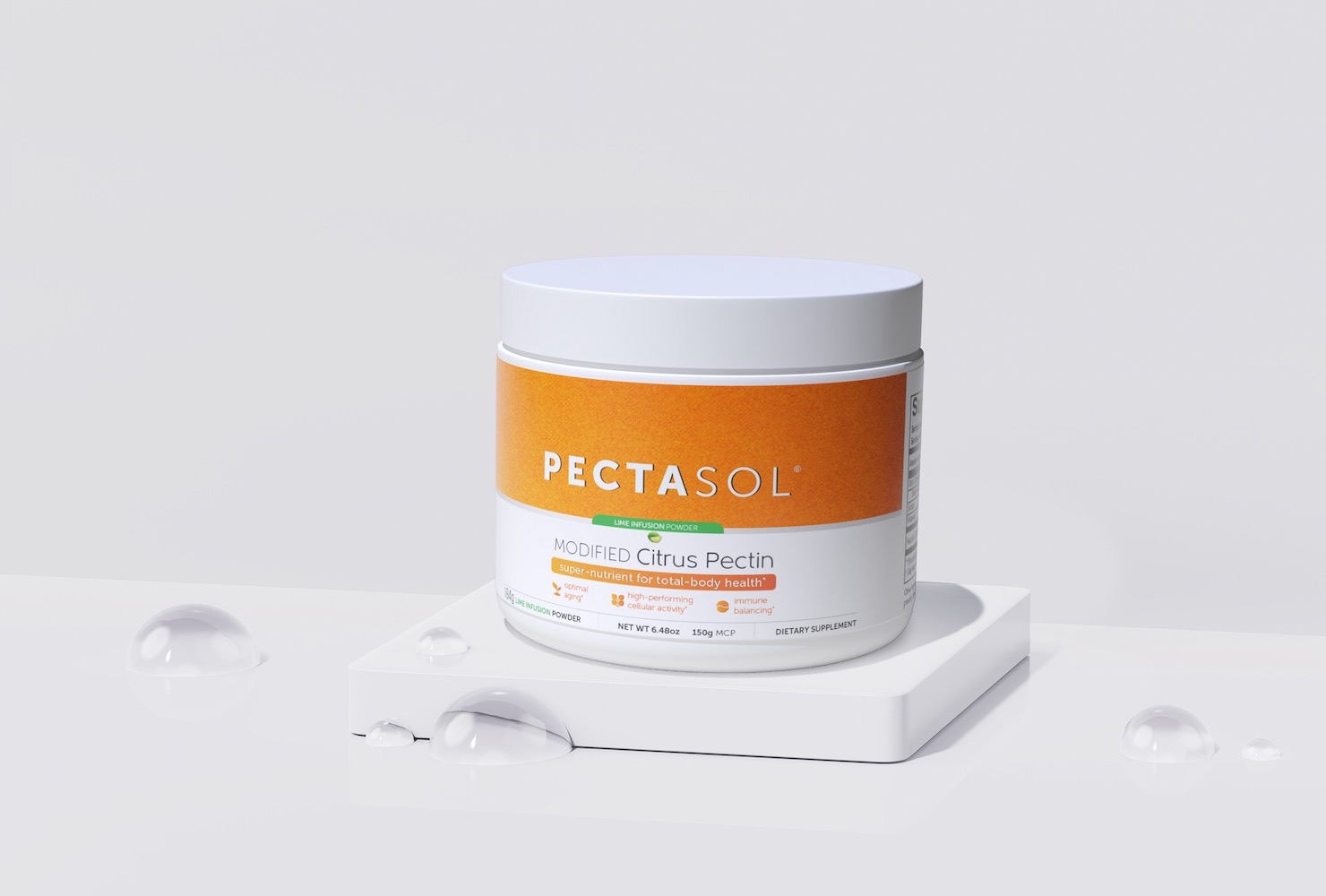 Surreal Pectasol wellness supplement 3D rendering with water droplets