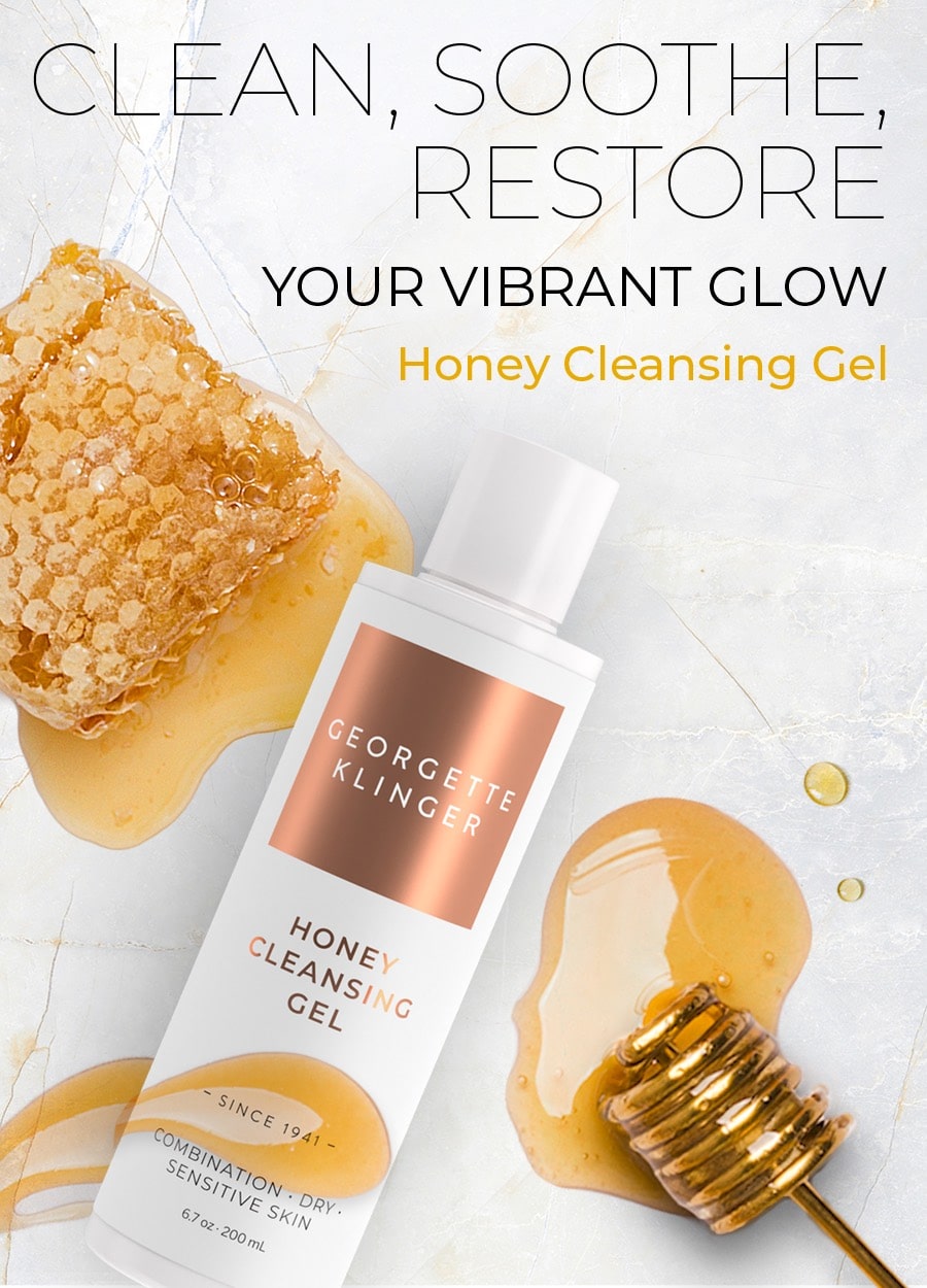 Georgette Klinger Honey Cleansing Gel skincare bottle with honey drizzle photoshopped in.