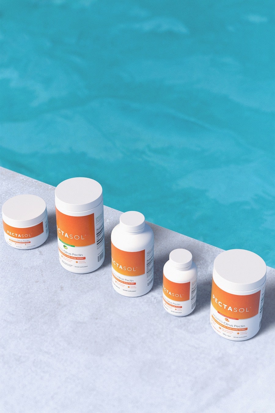 A 3d rendered group collection shot of a health and wellness brand's products at a pool.