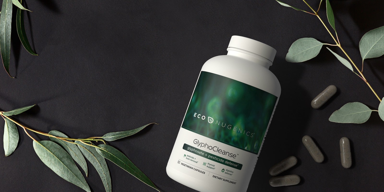 3D rendered Econugenics supplement bottle flatlay