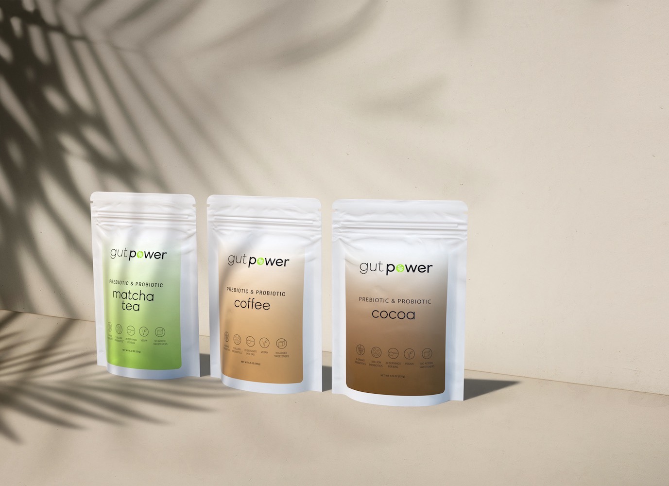 3 Gut Power Bags Rendered into a styled scene with trendy shadows