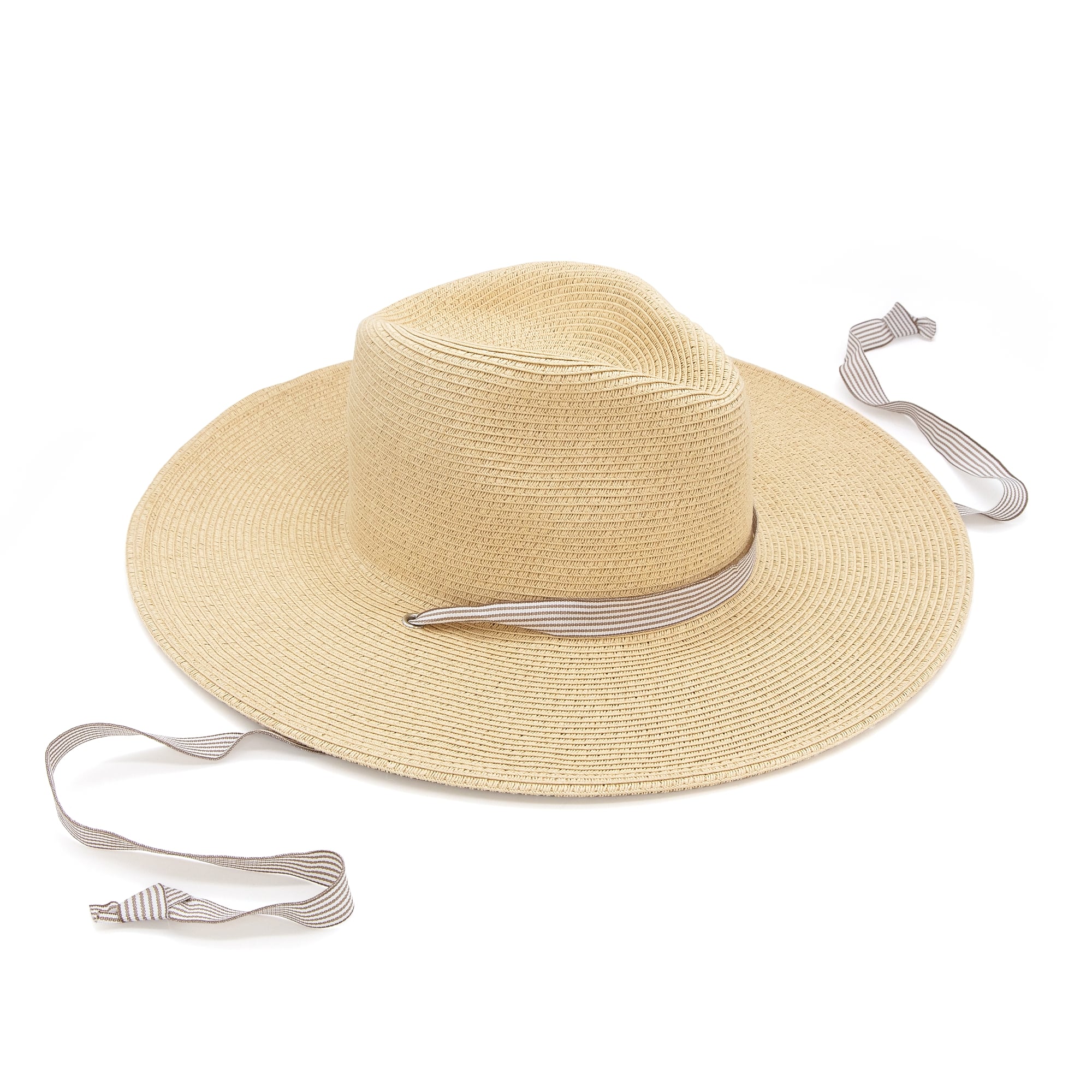 A styled front angle of a women's straw hat with beige ribbon on a white background.