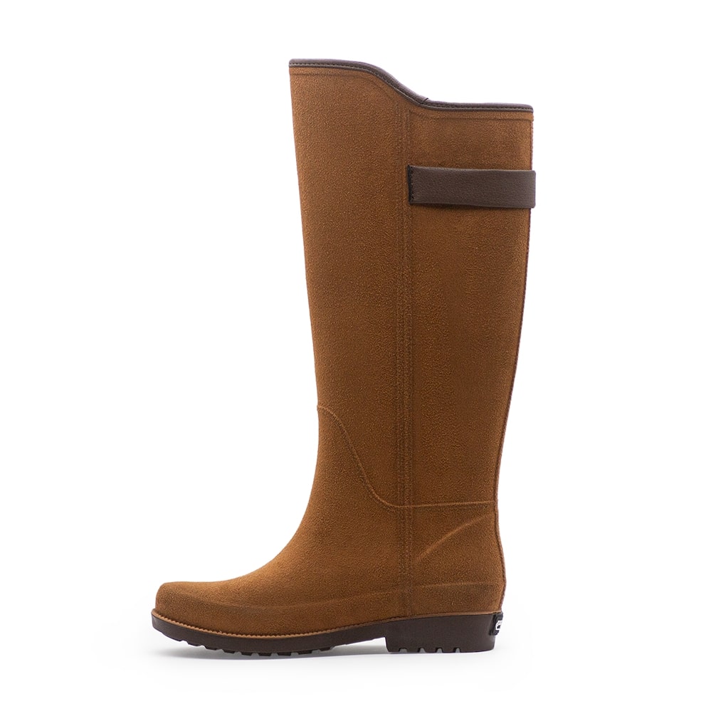 The side of a brown rainboot on a white background as product photography.