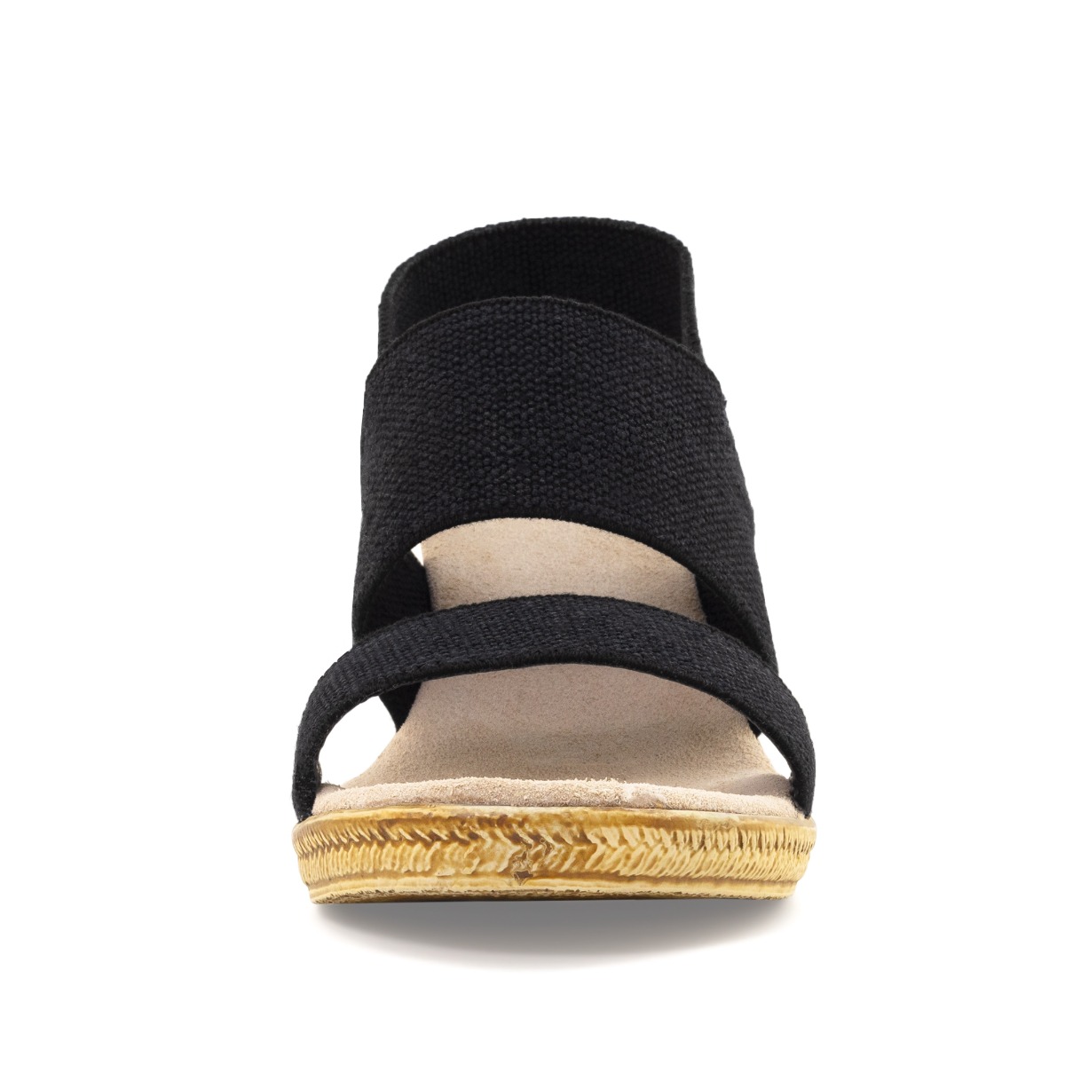 The front view of a women's black sandal.