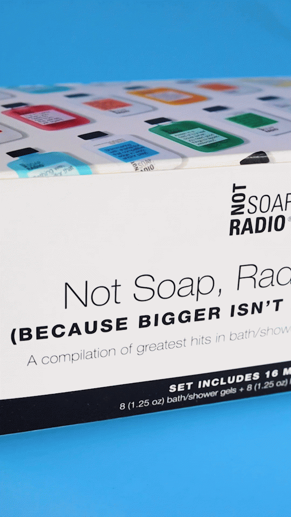 A gif to showcase a new rainbow themed gift set for bath products that pan around the products and the box.