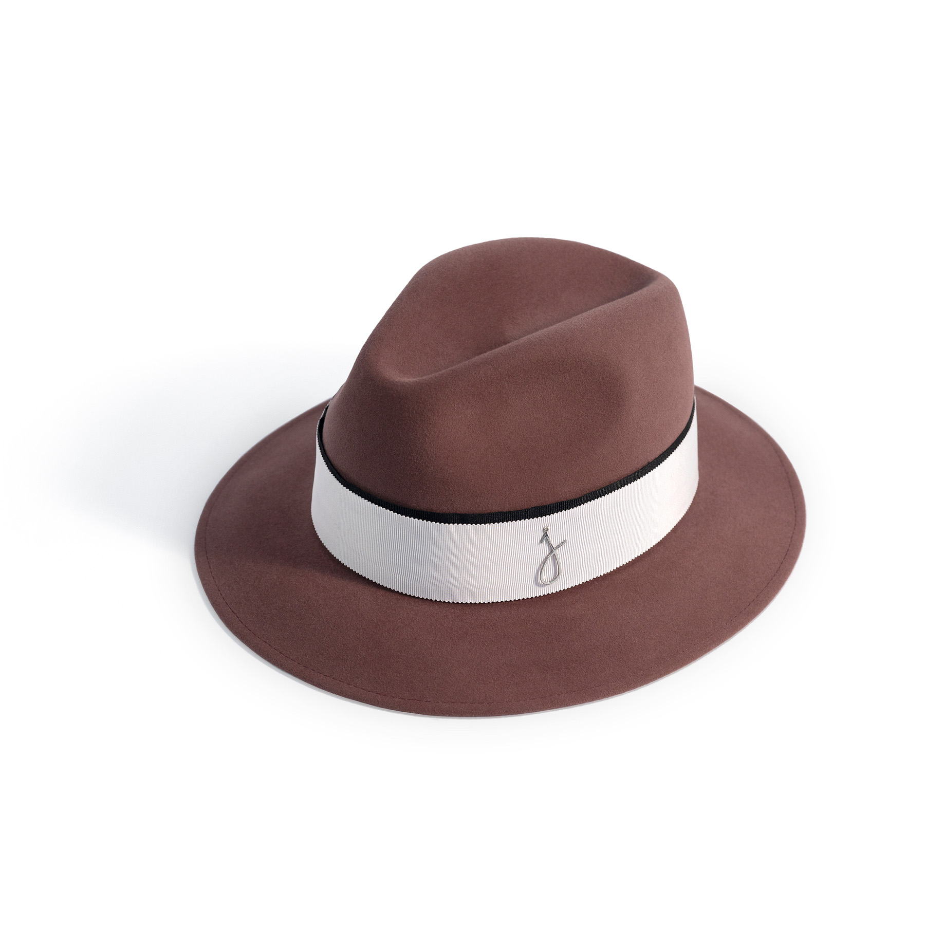 A styled front angle of a brown and white fedora on a white background.