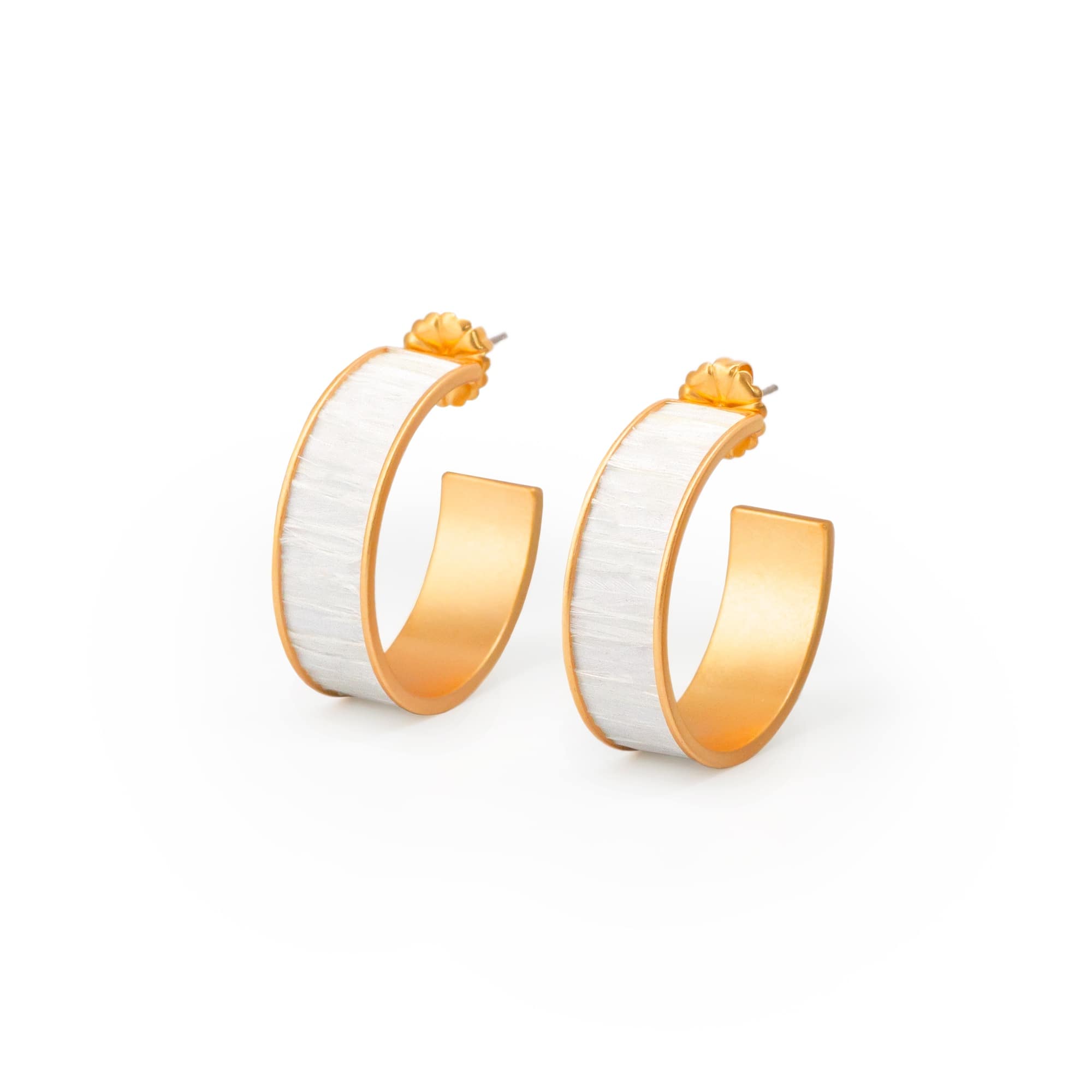 A front angle of a pair of women's gold channel hoop earrings on a white background.