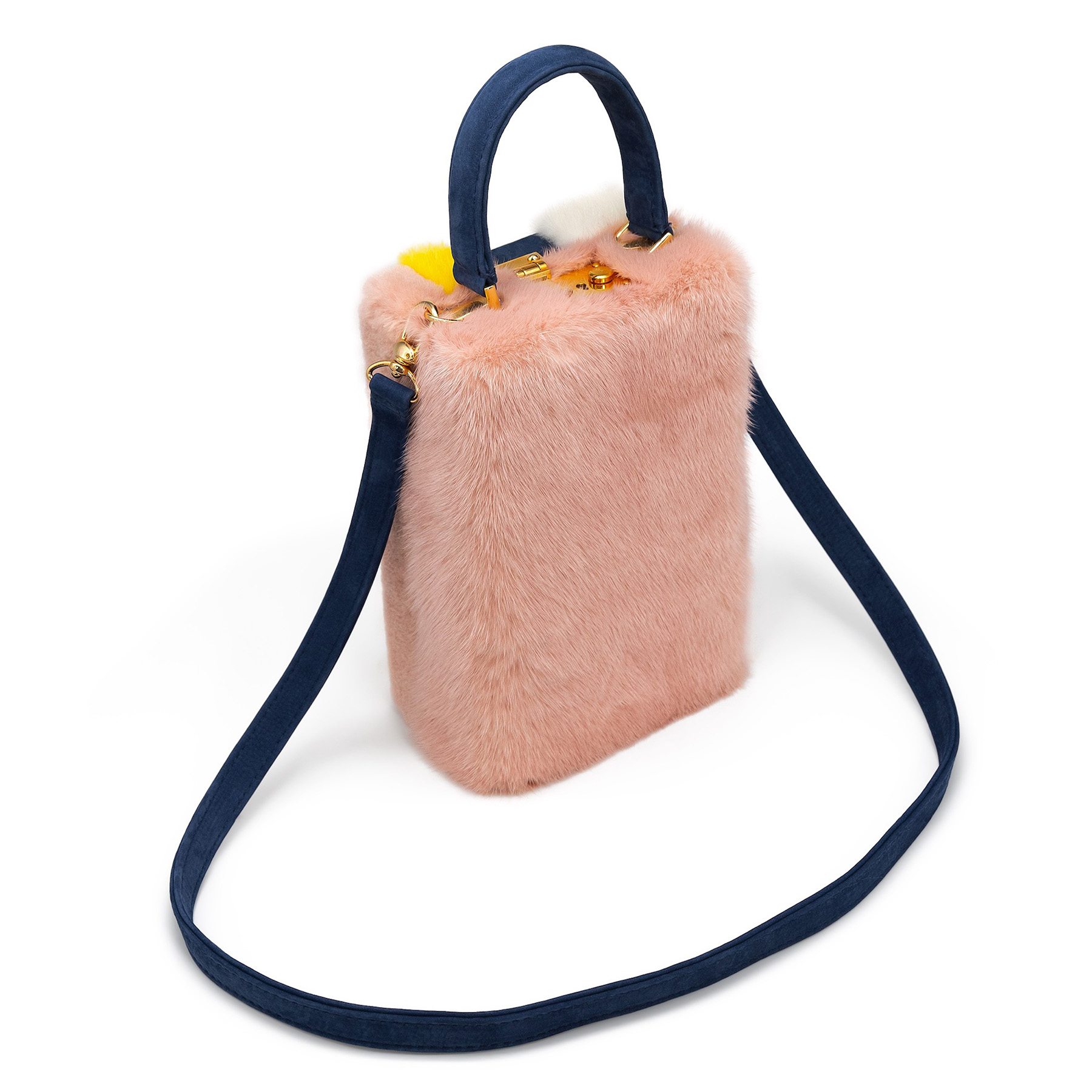 A white background product shot for a luxurious fur purse by Lesetta.