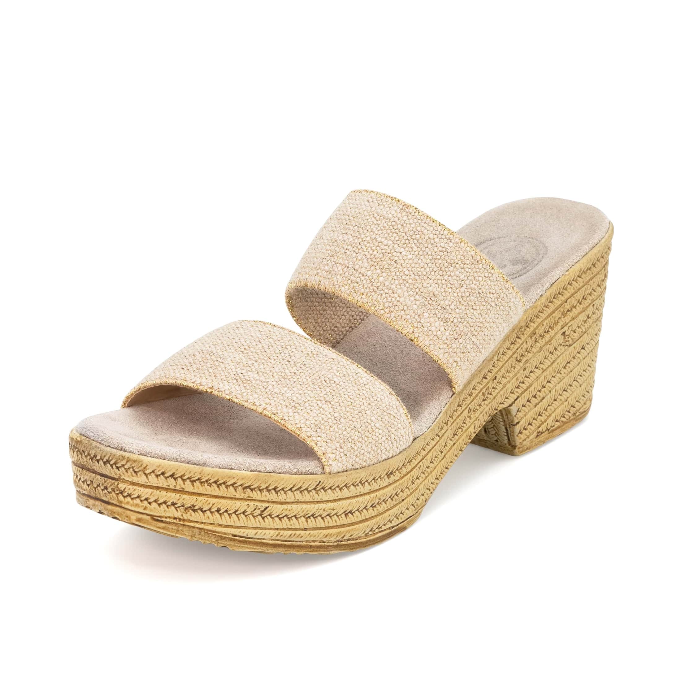 The front angle of a Charleston Shoe Co. women's heeled wedge sandal on a white background.